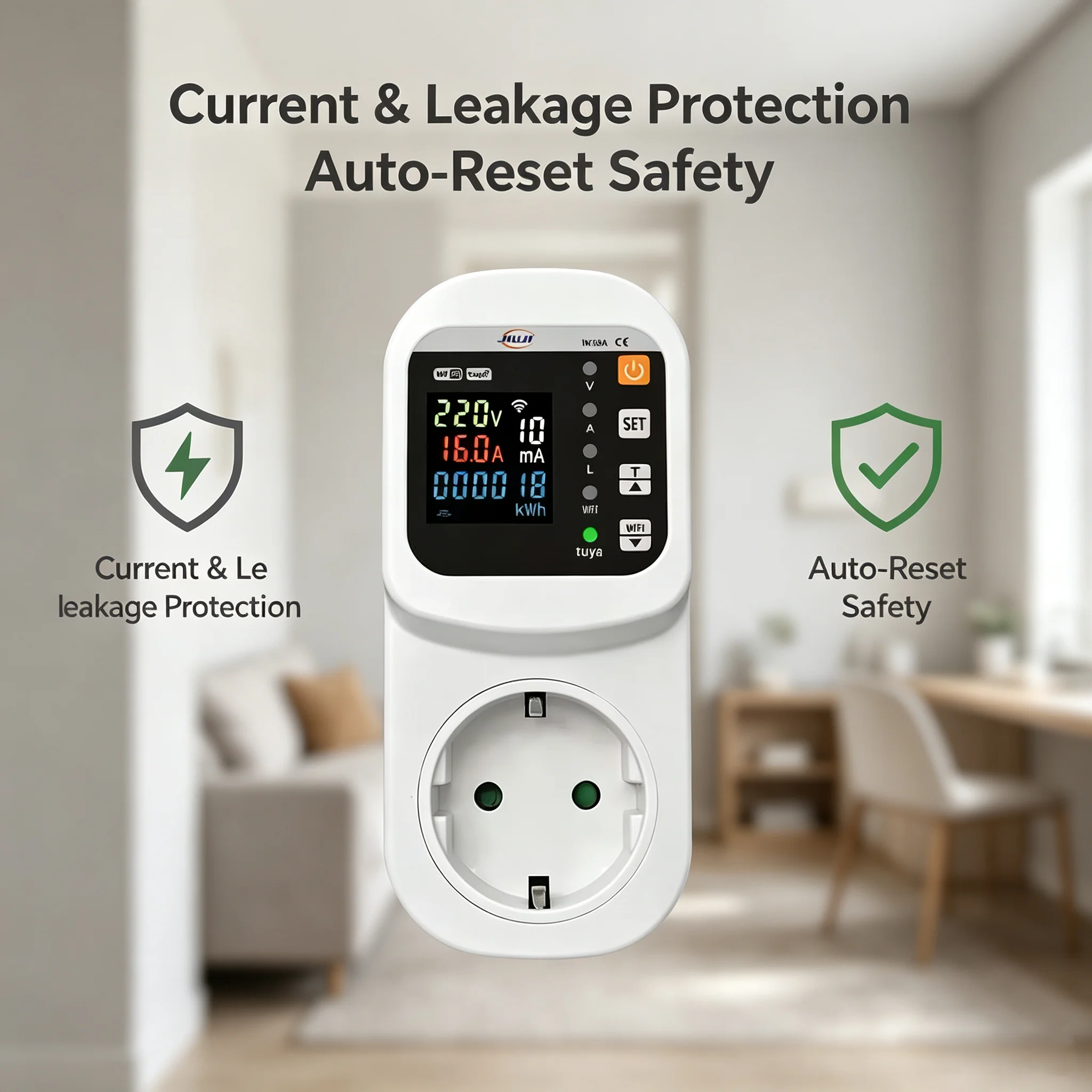 JIUJI JJSVA‑16LW Tuya WiFi Smart 16A Protection Socket, Energy Meter, Voltage‑Current‑Leakage Protector Auto‑Reset for Fridge