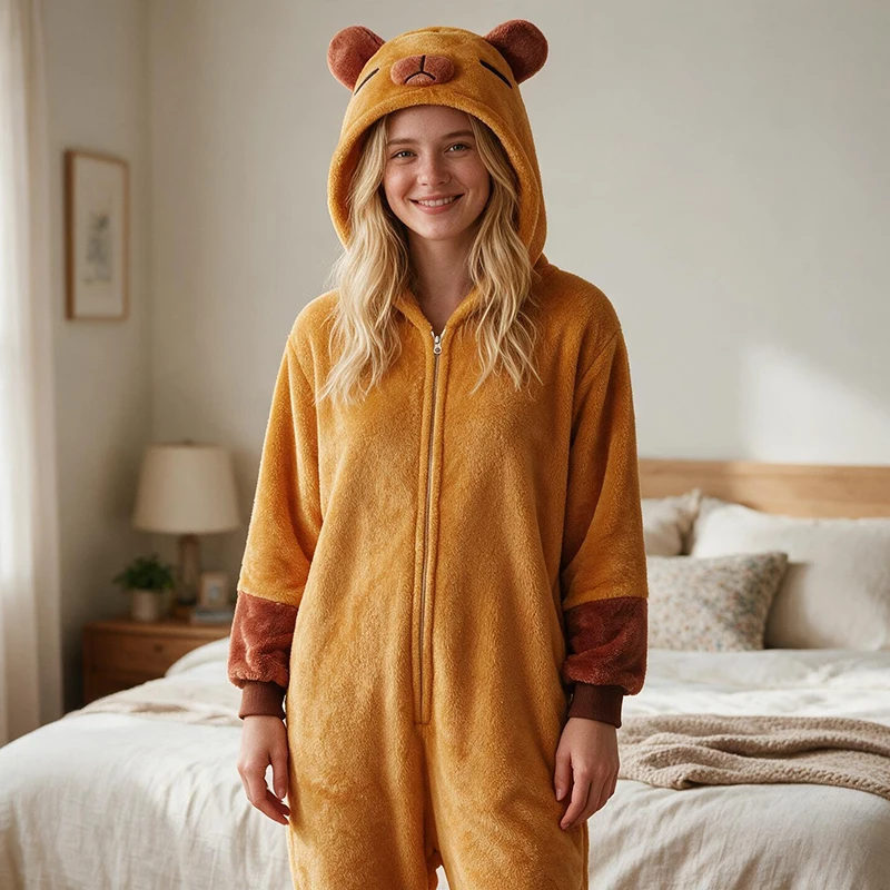 Winter Kapi Bala Flannel Animal Home Clothes Jumpsuit Pajamas Cartoon Couple Cute Women's Sleepwear Homewear Student Nightwear
