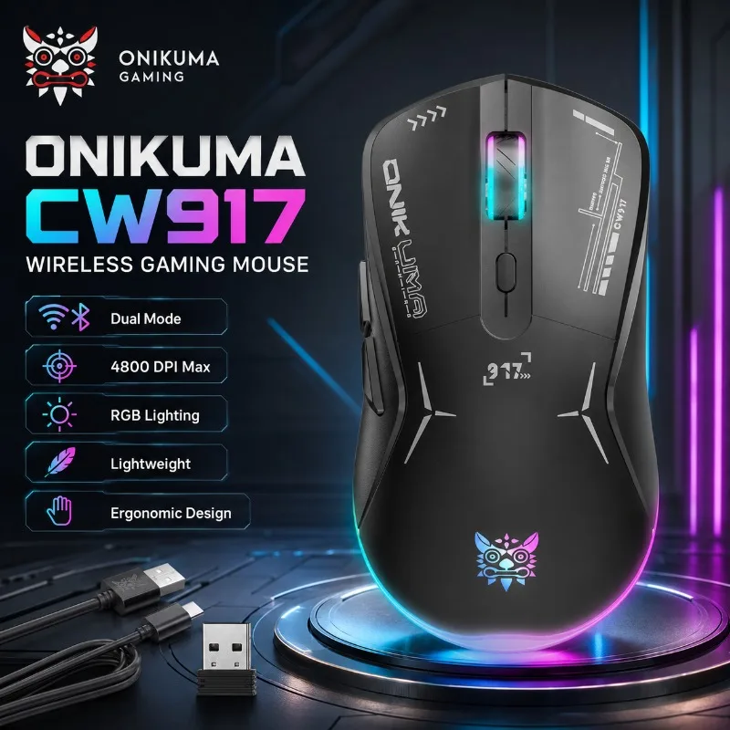 ONIKUMA CW917 Wireless Gaming Mouse Dual Mode 4800 DPI RGB Backlit Rechargeable Ergonomic Programmable Mice for PC Laptop Gamer