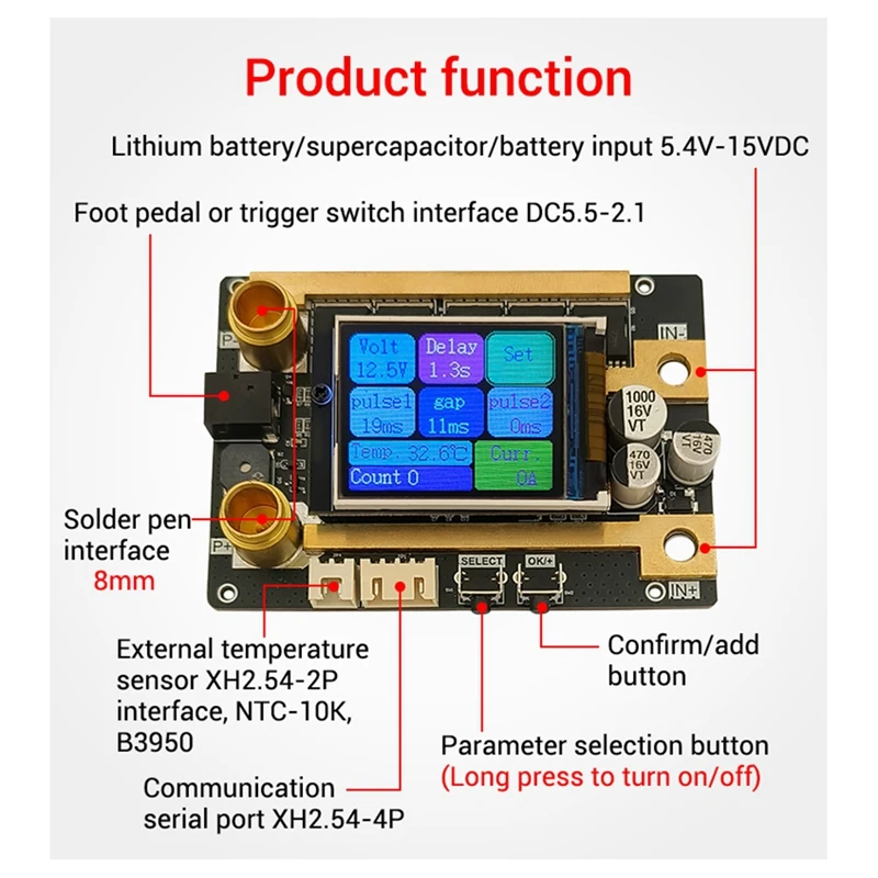 XW1 แบบพกพาจุดเชื่อมเครื่อง DIY อุปกรณ์เสริม 18650 แบตเตอรี่ลิเธียมนิกเกิลแผ่นหน้าจอสี LCD Double Pulse 12V