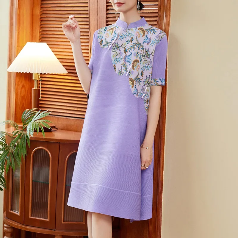 Miyake Fashion New Chinese Dress Short Sleeve New Mom Summer Clothes Loose Large Size Improved Cheongsam Dresses 2024 New