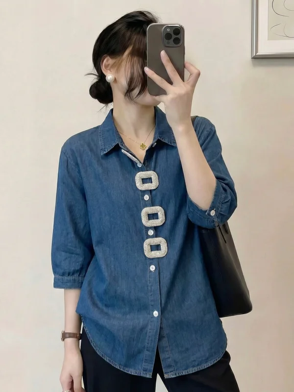

Slim Fit Short Sleeve Denim Shirt Women's Summer New Style Big Size Midi Length Fashionable Ageless Top Commute Style Korean ...
