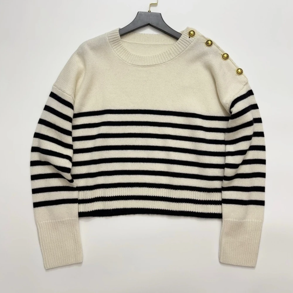 

Autumn and Winter Jumper Striped Cropped Cashmere Sweater Women Pullover