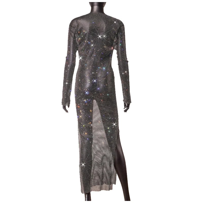 Hochwertiges langes Kleid für Damen mit funkelnden Strass-Steinen, Fischnetz, Rundhalsausschnitt, lässiges Tanzkleid, ausgehöhlt, für Nachtclub-Partys – Detail 11