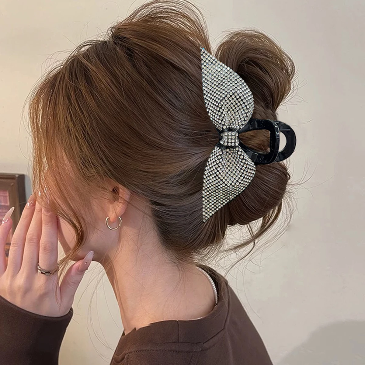 AWAYTR جديد القوس مشبك شعر بسيط أنيق رومانسي كامل الماس القوس مشبك شعر عالية ذيل حصان القرش كليب النساء إكسسوارات الشعر #1