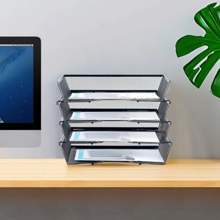 4 Tier Metal Mesh Desk Organizer with Stackable Letter Trays for Office Supplies Storage Black File Storage System Featuring Re