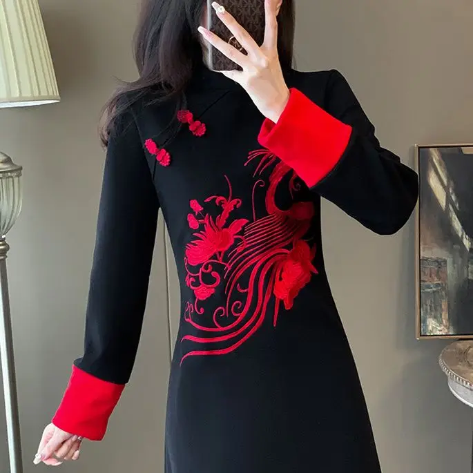 Black New Chinese Disc Button Dress Women High-Quality National Style Skirt