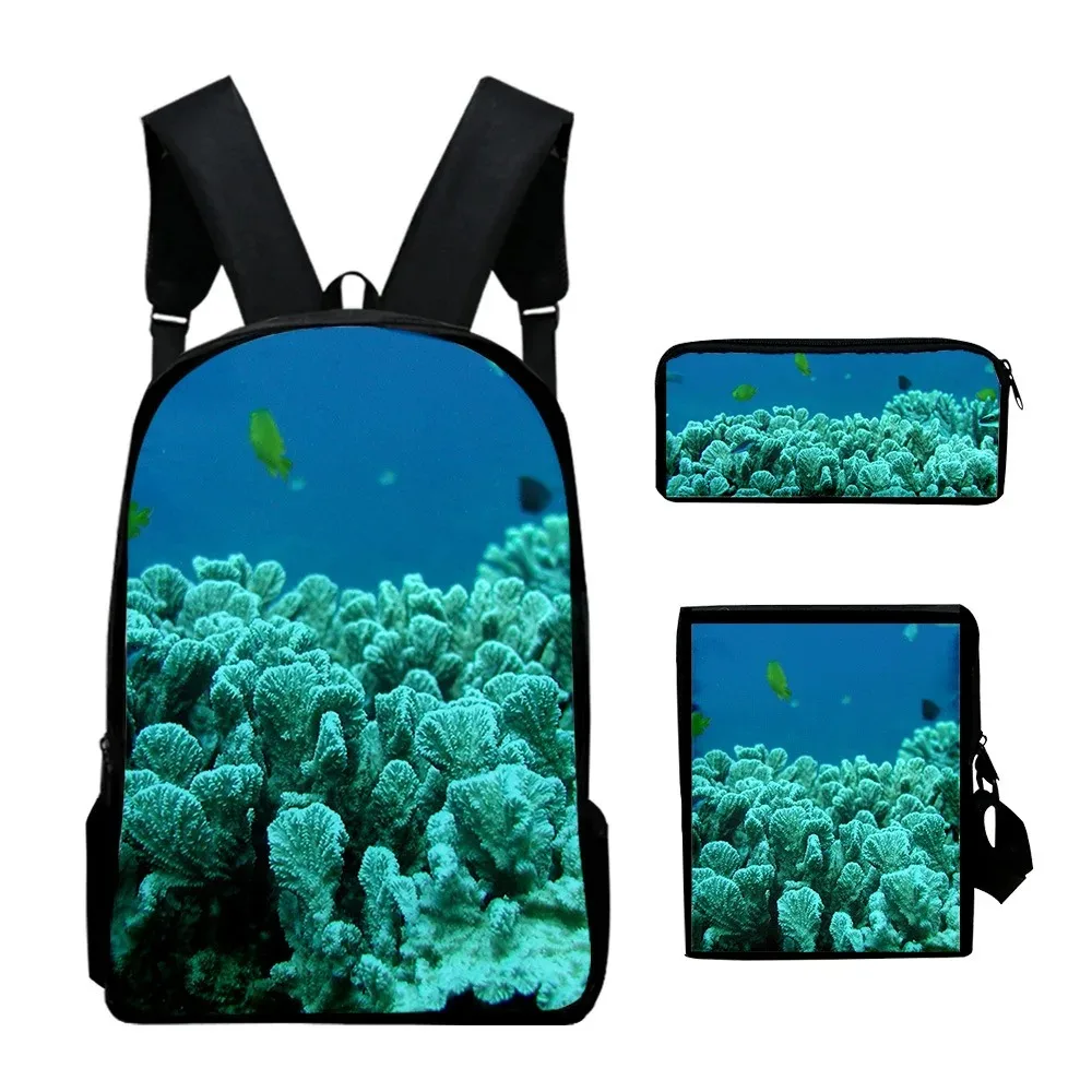 Harajuku Scenery Submarine 3D Coral Print School Bags,Laptop Backpack,Backpack,Tilted Shoulder Bag,Pencil Case,3pcs per set