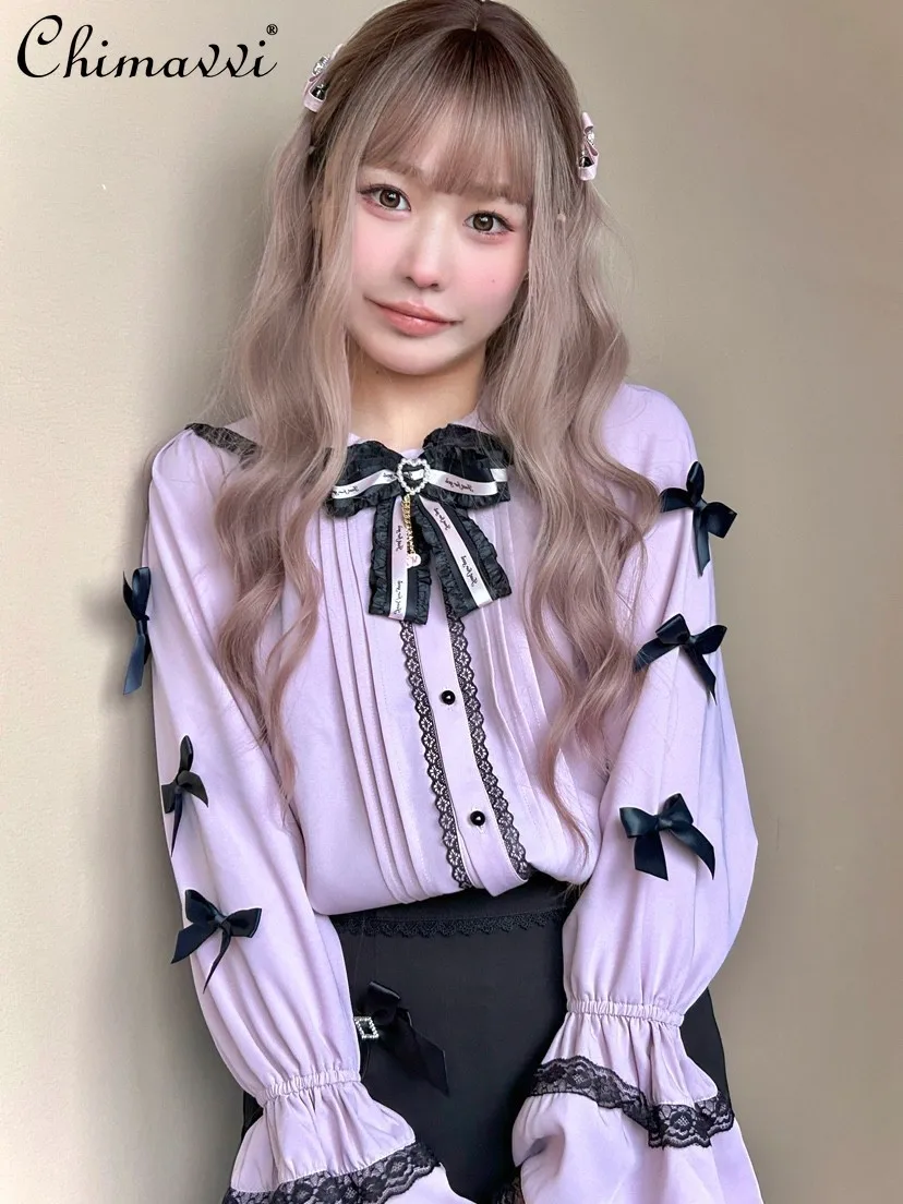 

Japanese Mine Mass-Produced Double-Layer Ji Sleeve Lace Bowknot Shirts Women Sweet Cute Girl Lolita Sailor Collar Blouse Tops