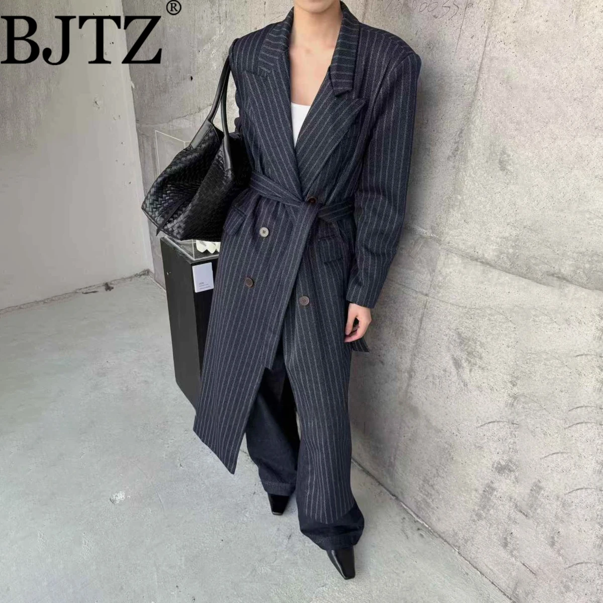 

BJTZ Women’s Color Block Trench Coat Double Breasted Belted Longline Striped Notched Collar Elegant Autumn Winter 2025 New