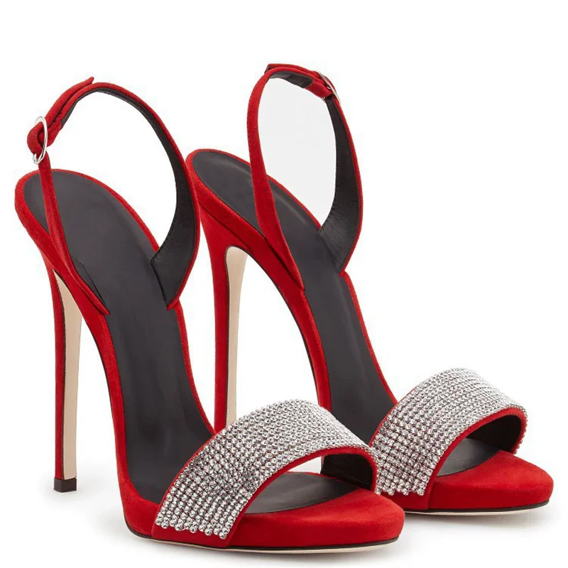 

Summer new suede rhinestone with open-toe waterproof platform sandals metal thin high-heeled banquet dress large size women shoe