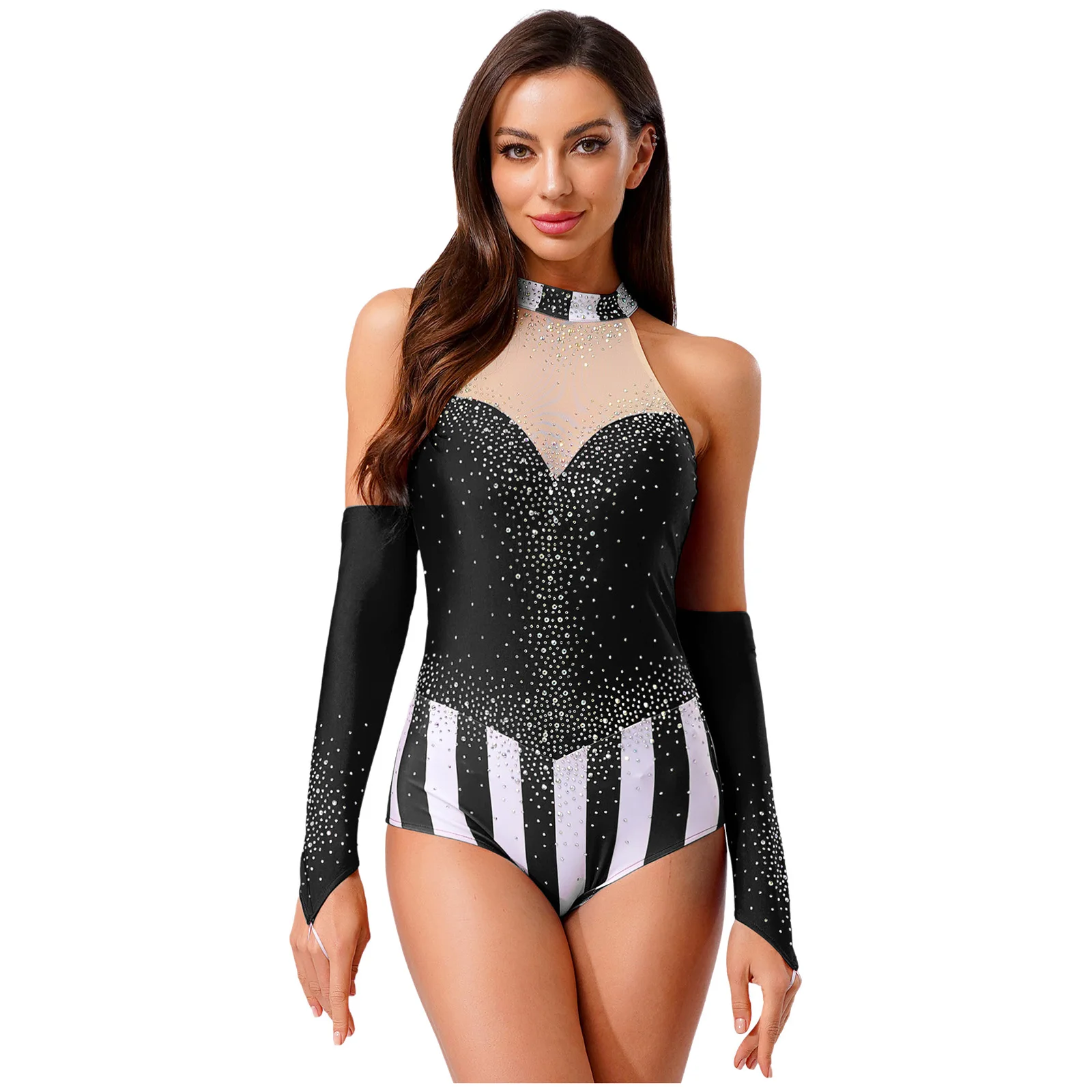 

Circus Ringmaster Costume for Womens - Glittery Rhinestone Bodysuit Jumpsuit with Gloves Burlesque Halloween Cosplay Outfit