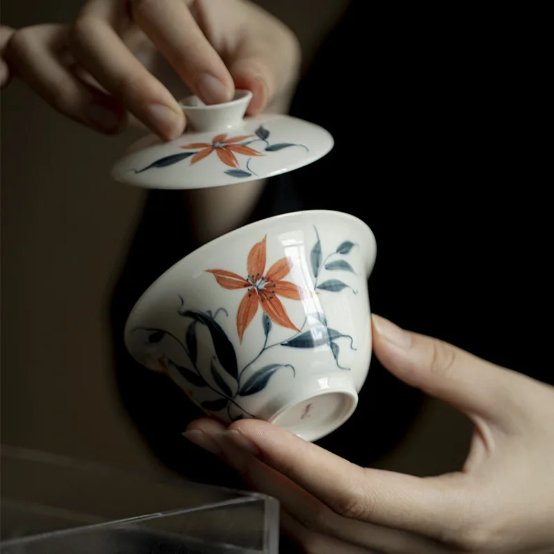 Hand-painted Ceramic Plant Ash, Kung Fu Set, Antique-style Tea Bowl with Spill Rim, Household Scholar's Gaiwan