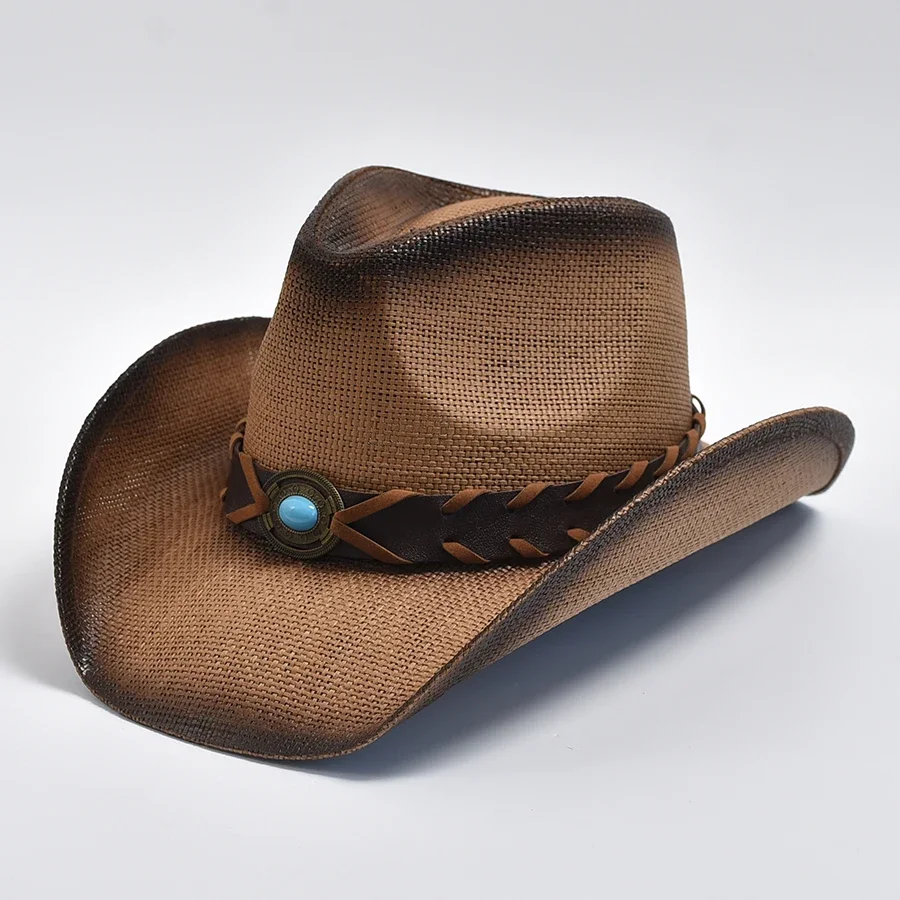 

Cowboy Style Straw Hat for Men's and Women's Vintage Curled Edge Cowgirl Hat Summer Holiday Beach Sun Shield Hat