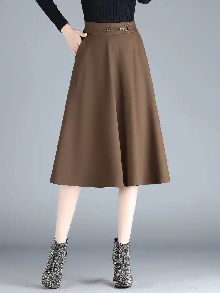 Fall Winter Women's Pleated Elastic Waist Skirts Sexy Big Hem S M L XL XXL XXXL Size Female Black Brown Mid Long Pockets Skirt