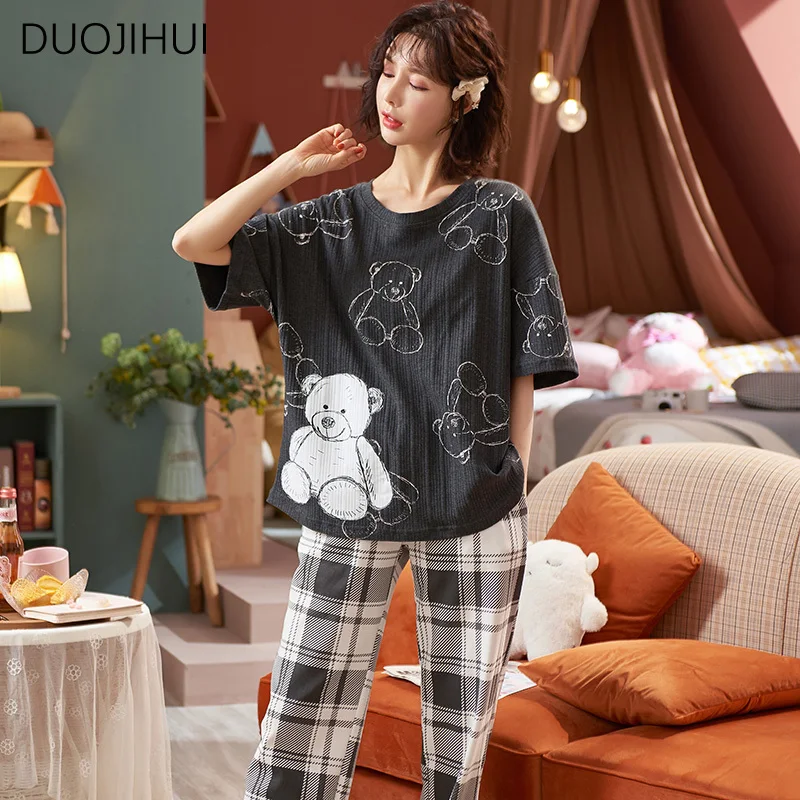 DUOJIHUI-Pyjama imprimé chicly coréen pour femme, pull à col rond classique, pantalon simple, mode féminine, ensemble de pyjama d'été, 2 pièces