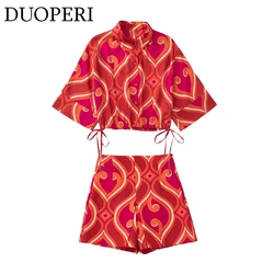 DUOPERI Women Fashion Printed 2 Pieces Sets Cropped Shirt and Shorts  Female Chic Lady Casual Bohemian Blouse Bottom Coordinates