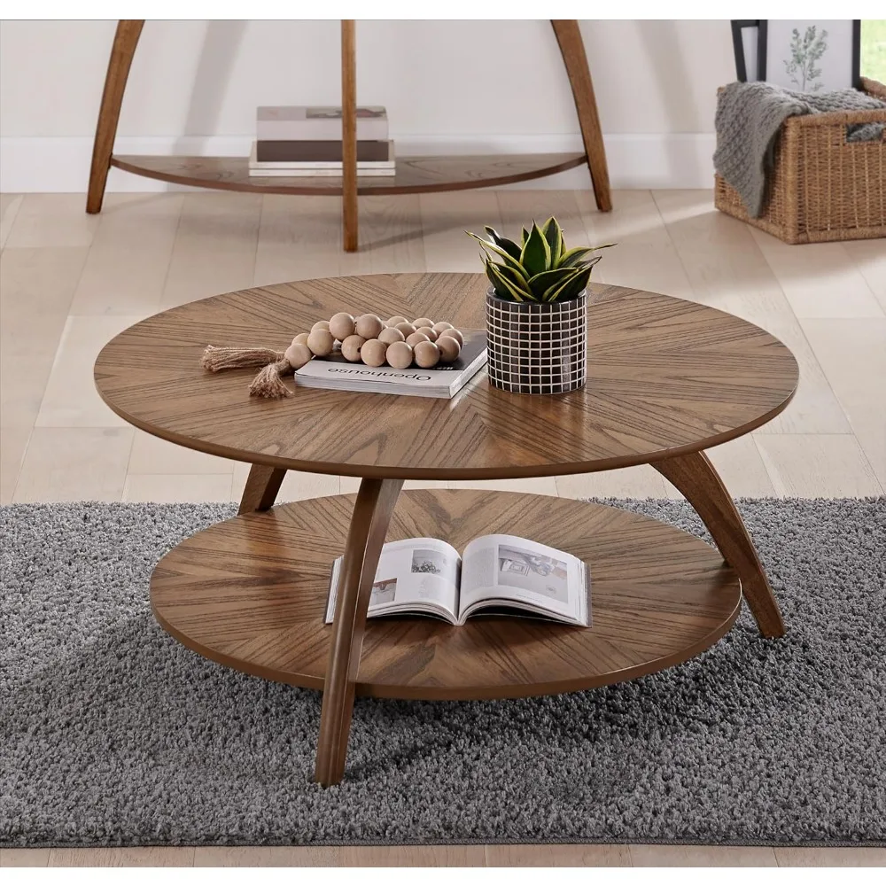 

Round Wood Nutmeg Brown Living Room Coffee Table with Storage Shelf
