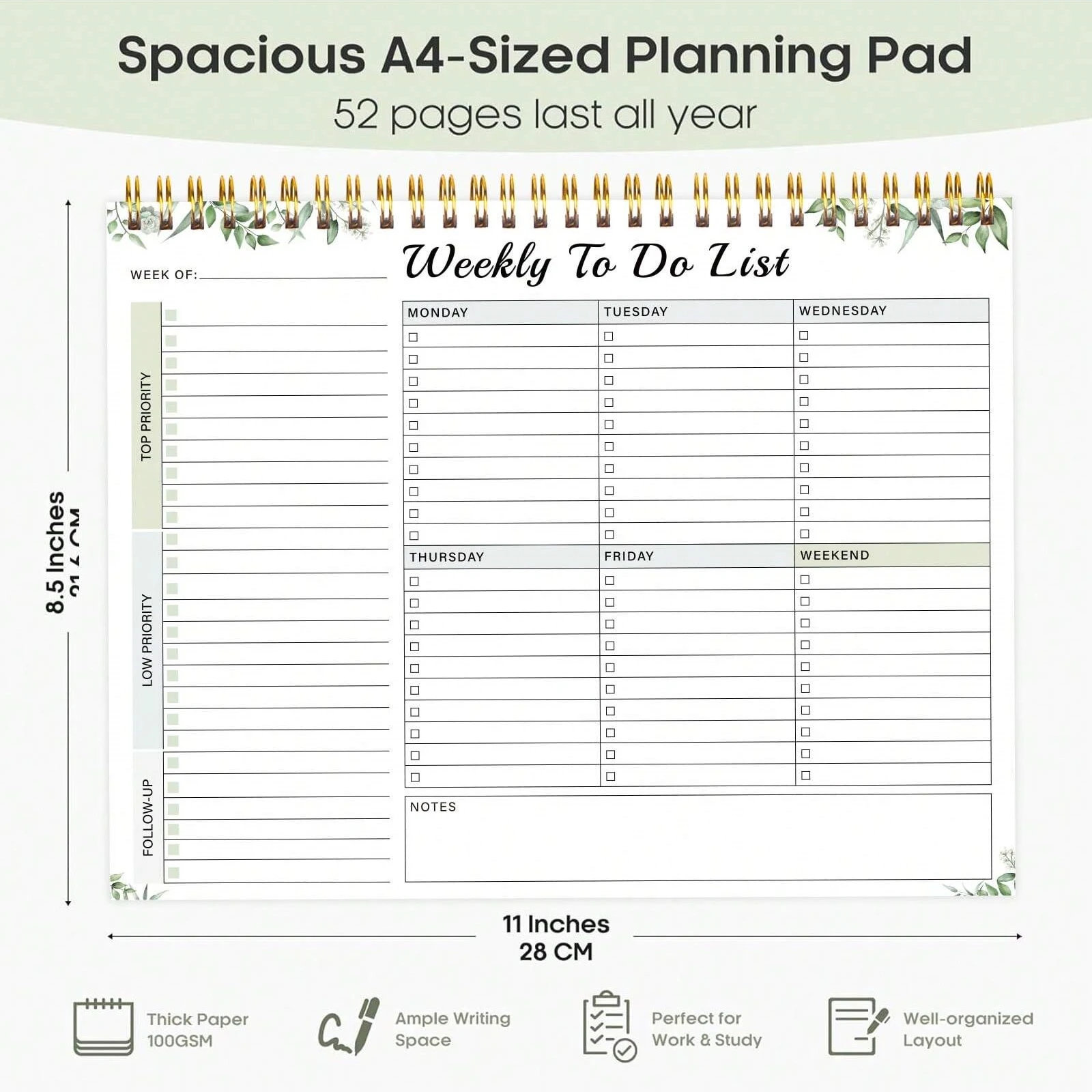 Weekly Planner Pad Spiral Weekly Planner Undated 52-page To-do List Pad, 8.5*11 \