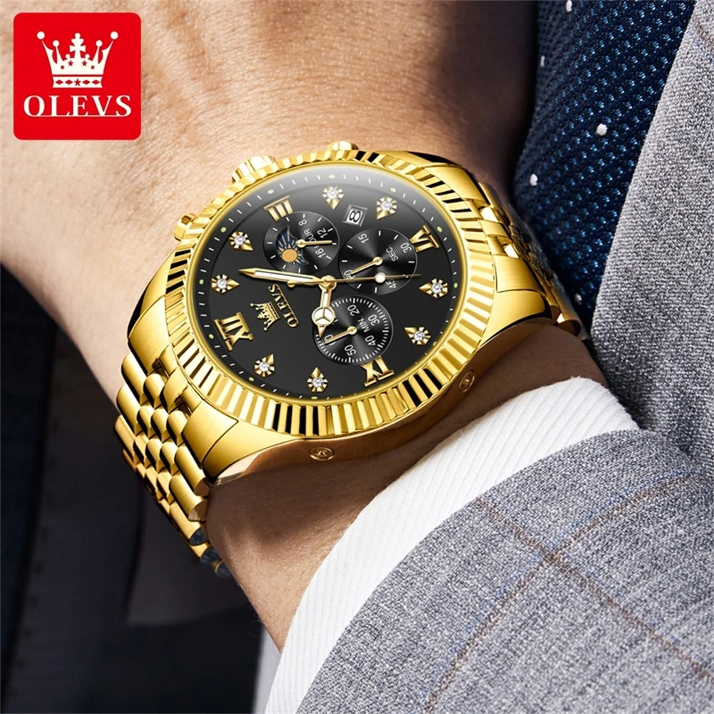 OLEVS Brand Luxury Gold Black Quartz Watch for Men Stainless Steel Waterproof Luminous Date Week Fashion Men Watches Reloj Hombr