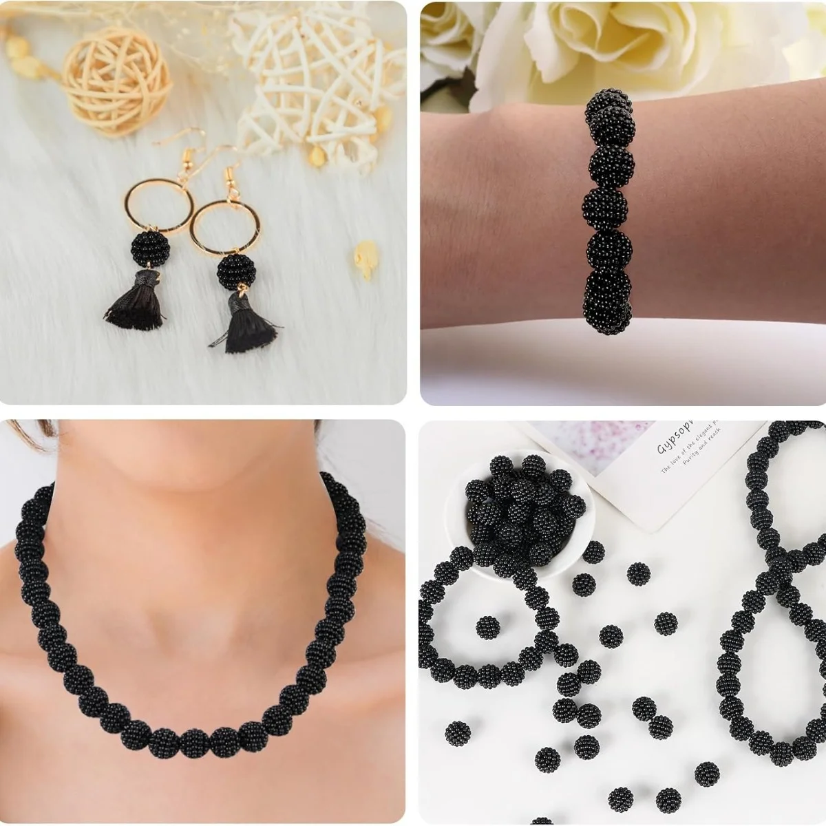 60pcs 10mm Acrylic Black Bubble Beads, Yangmei Balls, Imitation Round Berry Balls, Perforated Loose Beads, for DIY Making