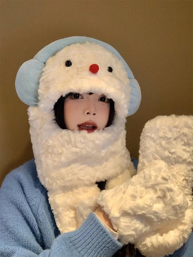 

Anime Love and Deepspace Zayne Cosplay Earphone Snowman Fluffy Hat Scarf Cartoon Cap Glove Neckerchief Three in One Xmas Gift