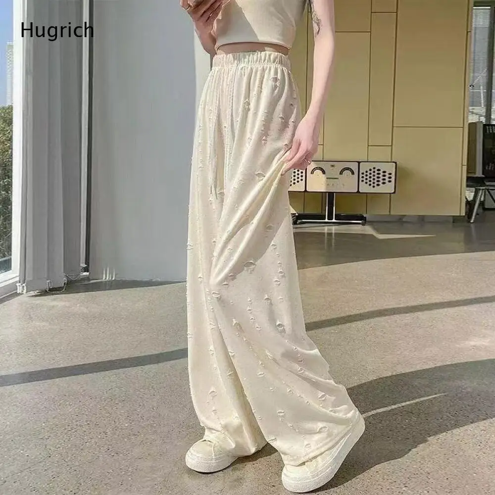 High Waist Elastic Drawstring Wide Leg Pants with Distressed Hole Details Loose Casual Trousers for Women