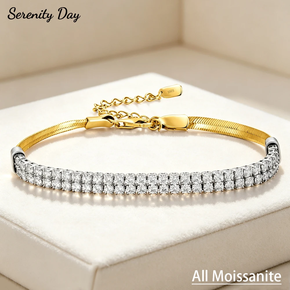 Serenity 2 Row 2mm Moissanite Bracelet for Women Men Sparkling Lab Diamond Bangle S925 Sterling Silver Snake  Bone Chain Jewelry