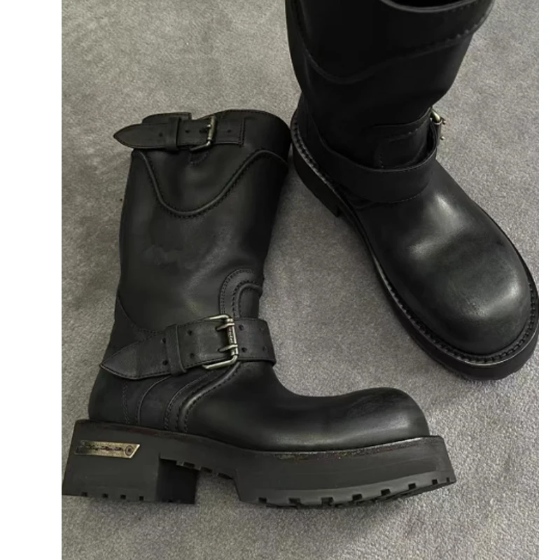 Black Platform Buckle Strap Chunky Heel Biker Boots Woman Winter 2026 Thick Sole Knee High Boots Gothic Punk Knight Boots