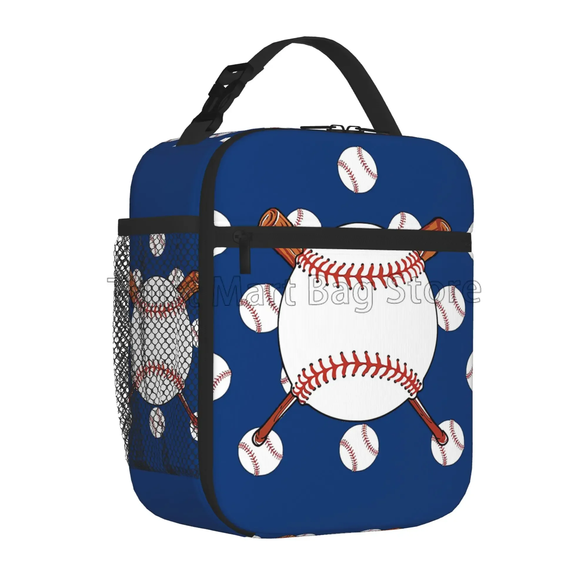 Red Stitching Baseball Sport Insulated Lunch Bag Reusable Thermal Lunch Box Portable Cooler Bento Tote Bags for Women Men Kids