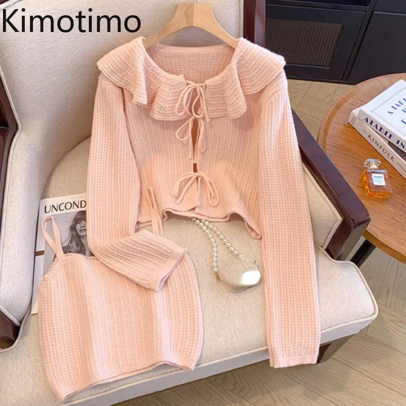 Kimotimo Knitted 2 Piece Sets Women 2024 Autumn Lace Up Long Sleeve Cropped Cardigan Camis Vest Korean Ins Sweet Slim Y2k Suits