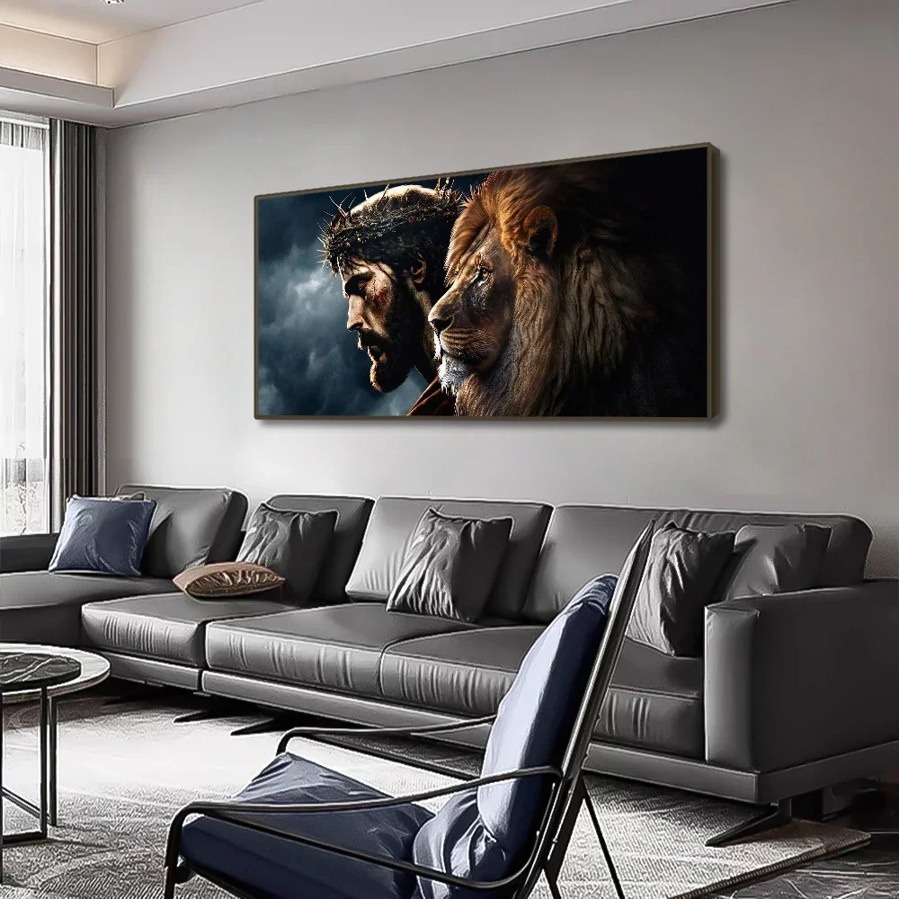

God Jesus Christ and Lion Face Wall Art Poster Prints Abstract Canvas Painting Animal Pictures for Modern Living Room Decoration