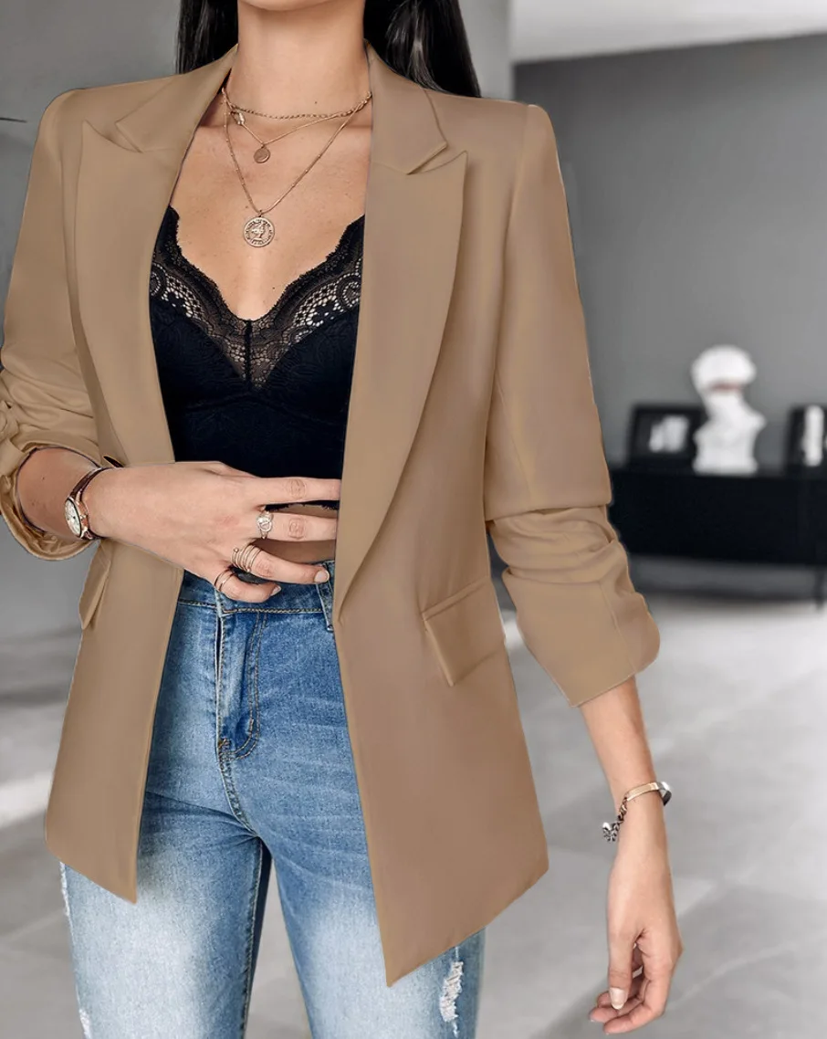Open Front Lapel Blazer Women Ruched 3/4 Sleeve Pocket Design Casual Daily Office Suit Coat