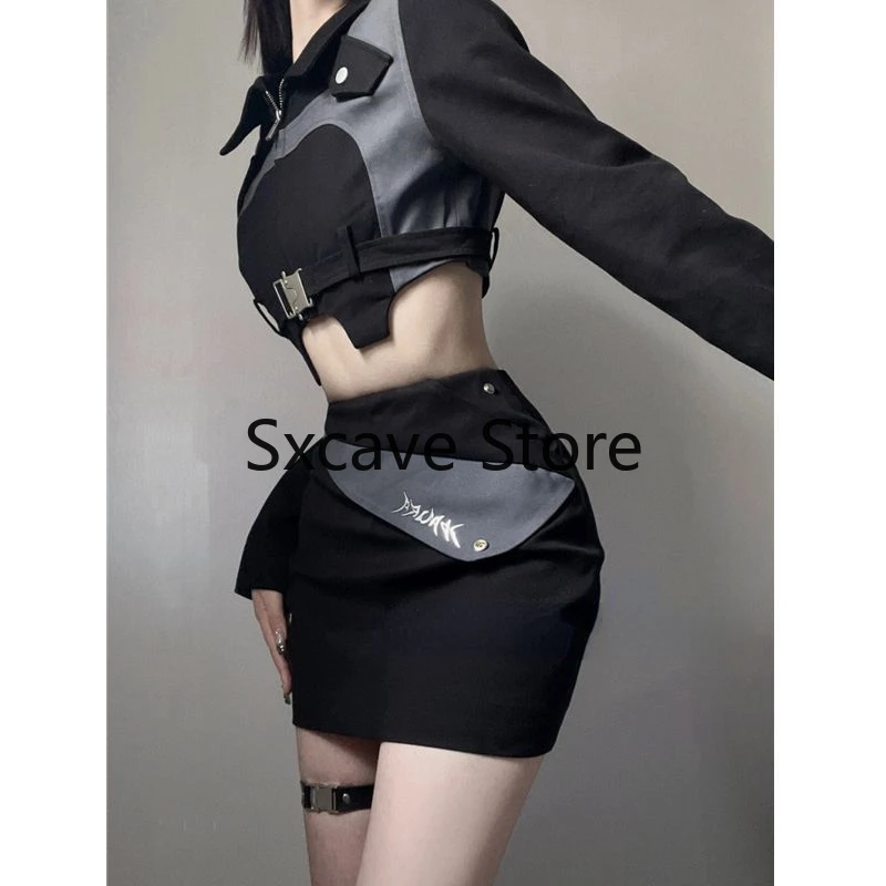 2024 Autumn Black 2 Piece Dress Set Women Casual Y2k Crop Tops + Mini Skrits Korean Fashion Suits Bodycon Elegant Chic Blouse