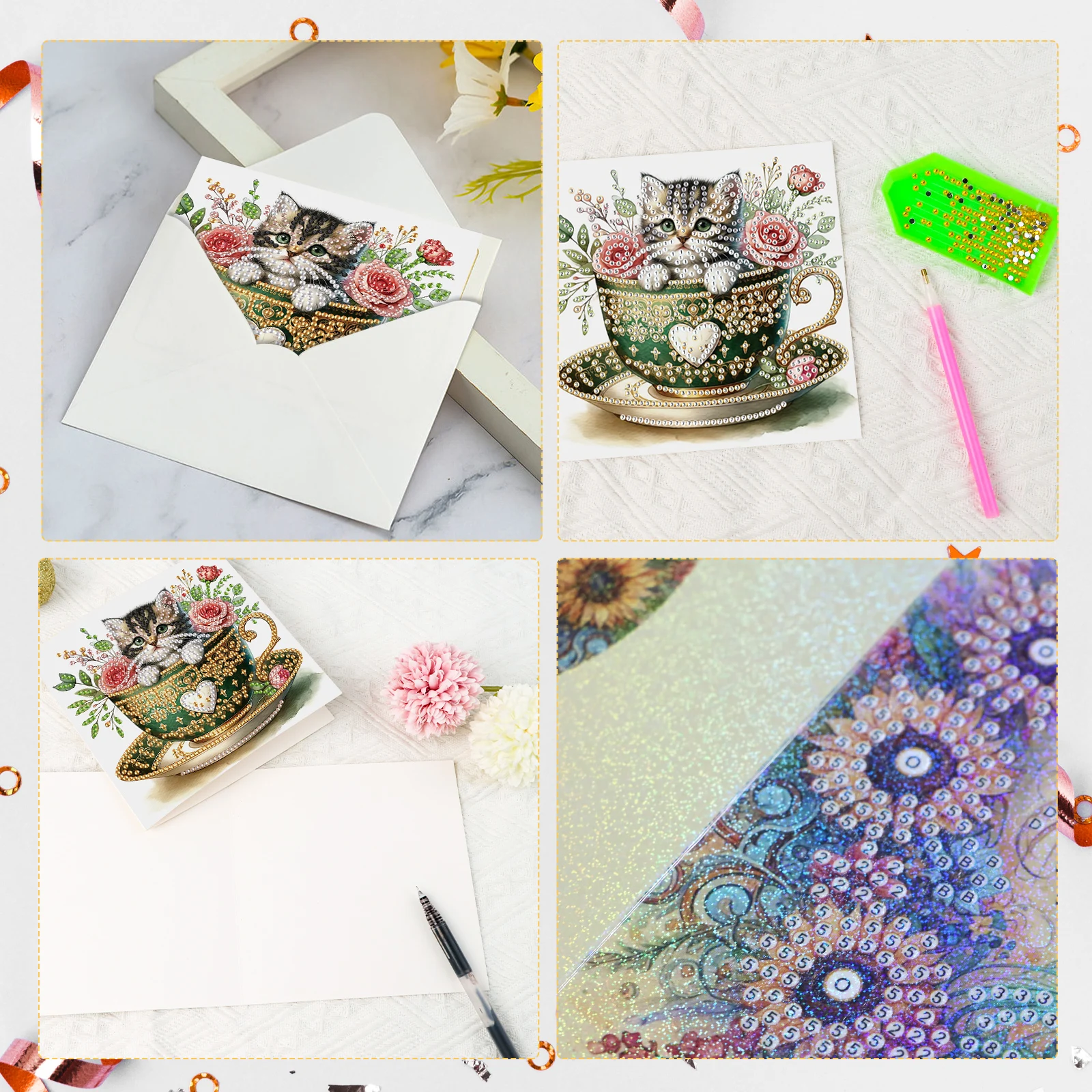 6Pcs Diamond Art Painting Greeting Card Kits,Teacup Cat festival Greeting Cards with Envelopes Diamond Art Craft Birthday Cards
