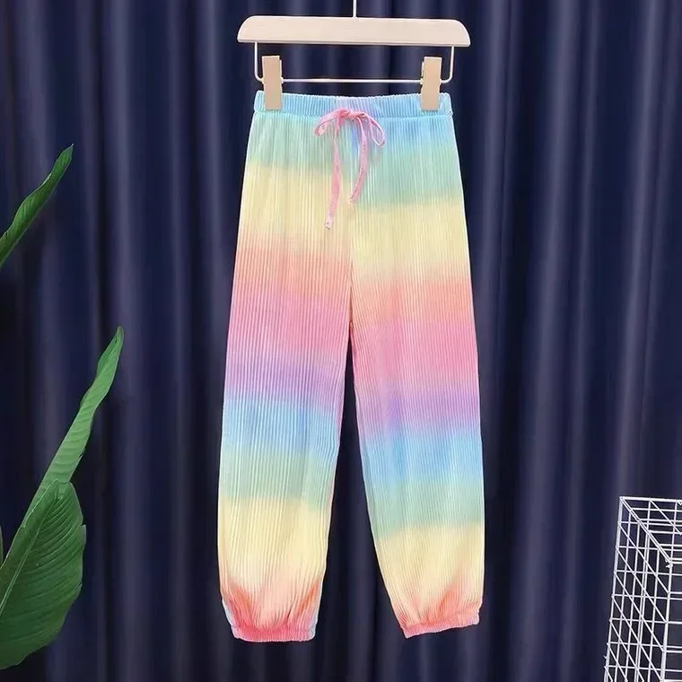 Rainbow Gradient Color Loose 2pcs T-shirts+pants Suits 3-12 Years Kids Tie-dyed Girls 2024 Summer New Fashion Ice Silk  Clothing