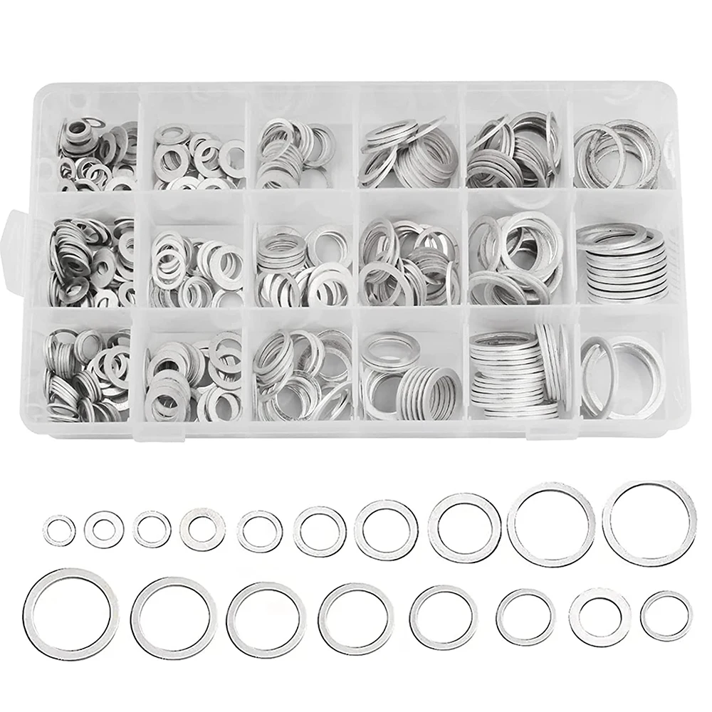 540pcs aluminum flat washers, automotive oil drain plug gaskets, including metric 18 size M6 M8 M10 M12 M14 M16 M18 M22 M24