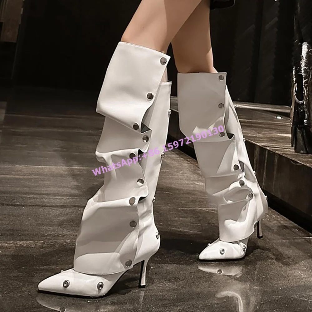 

Button Pleated Knee High Boots Thin Heels Pointy Toe Slouch Back Zipper Shoes Women's Sexy Fashion Winter Runway Boots 2025