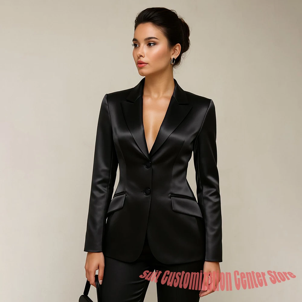 

Professional Women’s Black Satin Suit Two Piece (Jacket+Pants) Set for Elegant Formal Party Office Streetwear Fashion Outfit
