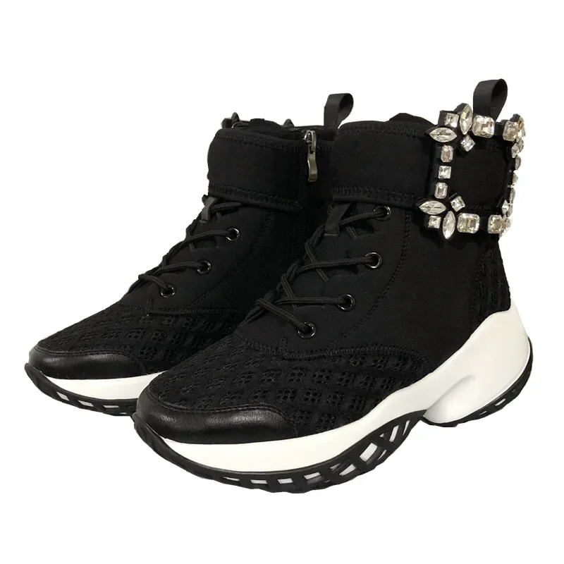 Women Mesh Breathable Square Diamond Crystal Decor Sneakers Buckle Real Leather Casual Clunky Dorky Dad Shoes Ankle Boots Summer