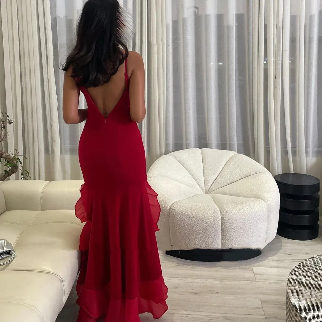 O Neck Red Elegant Party Dresses Woman Long Side Split Sexy Dresses on offer Evening Clearance with Tiered Hottest Design