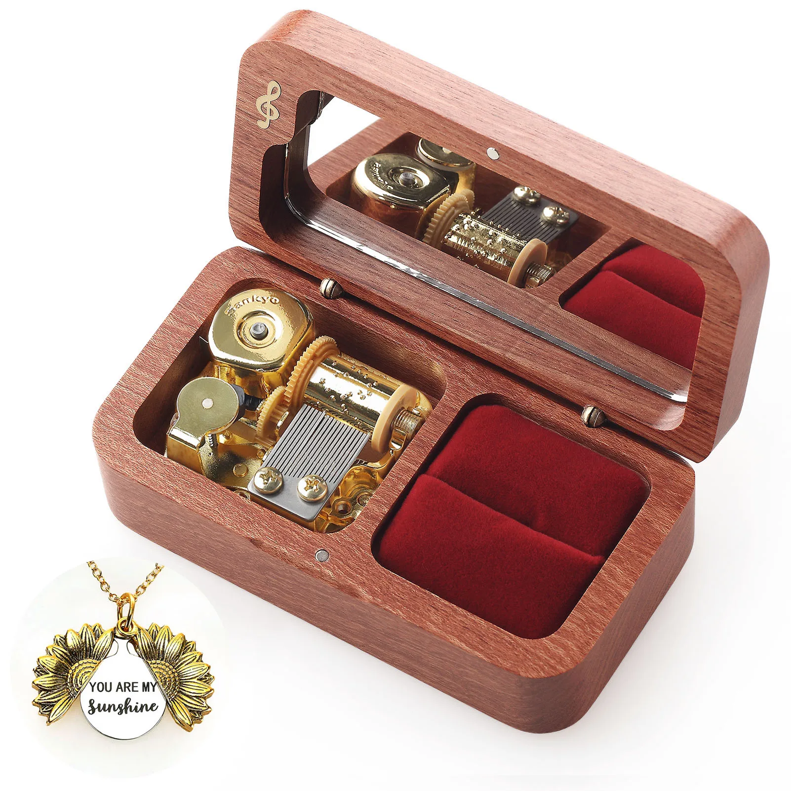 Roosiking rosewood Ring Box Music Box Jewelry Organizer Family Valentine's Day Christmas New Year Gift(Tune:You are my sunshine）