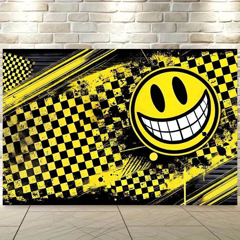 2D-Fläche mit einem Hintergrund, der eine Kombination aus lächelnden Gesichtern und karierten Mustern zeigt. Geeignet für das Wohnzimmer.