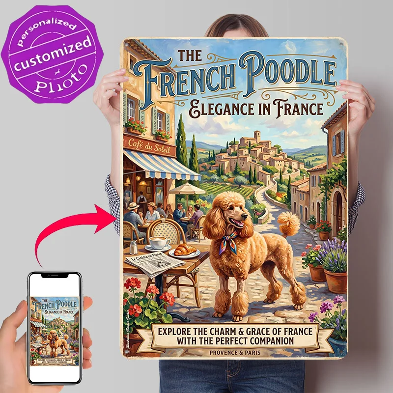 French Poodle Elegance in France Poster Retro 3D Printed Metal Signs Customized Wall Hanging Gift for Office Decor Room Tin Sign