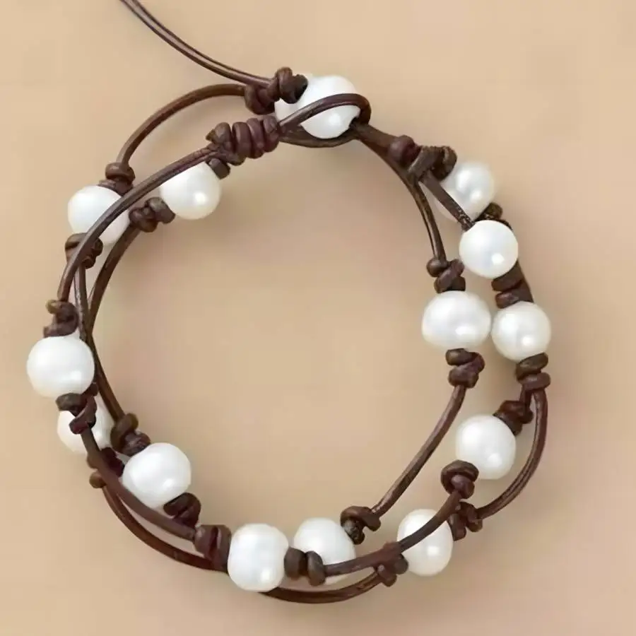 

Natural White round Pearl black rope double belt Bracelet Spiritual Chakra Stone Chaplet Men's Mala Women Hand Buddhist tassel