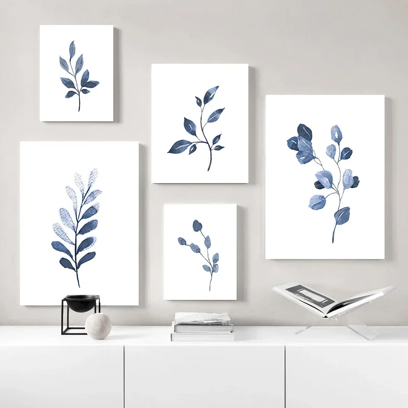 Indigo Blue Botanical Posters Navy Branches Plant Leaves Wall Art Canvas Painting Nordic Living Room Interior Home Decor Mural