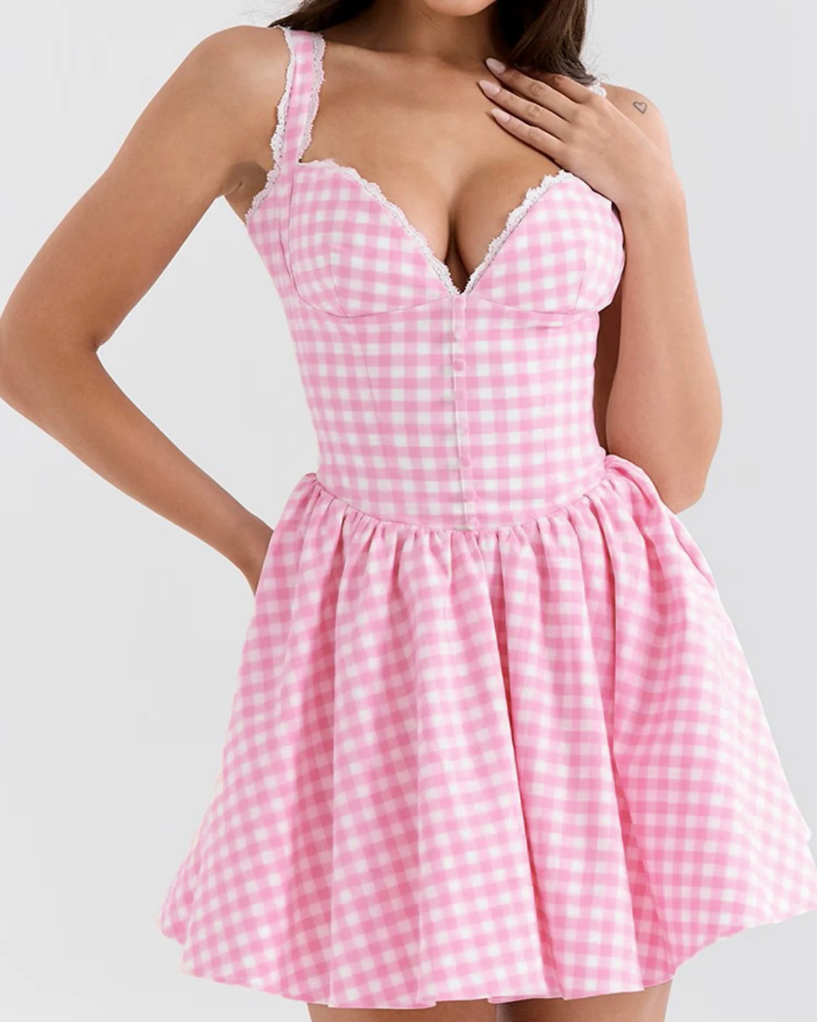 

LUCYSHIHATTU Women's Cute Corset Mini Sexy Dress Lace Spaghetti Strap Sweetheart Flowy A-line Gingham Short Dresses