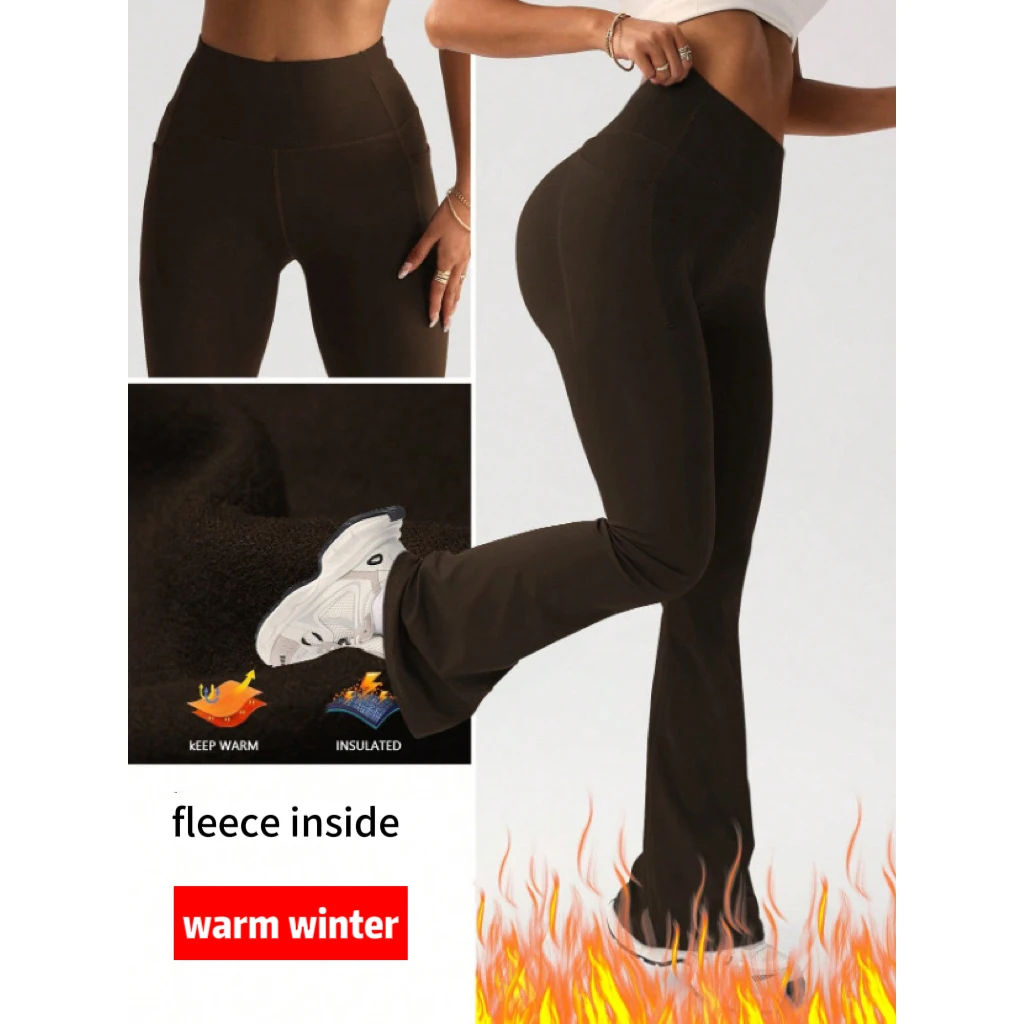 Ausgestellte Leggings für Damen, dickes Fleece, für Fitnessstudio, Fitness, Workout-Hose, Yoga-Hose, hohe Taille, warme Sport-Trainingsstrumpfhose mit Taschen