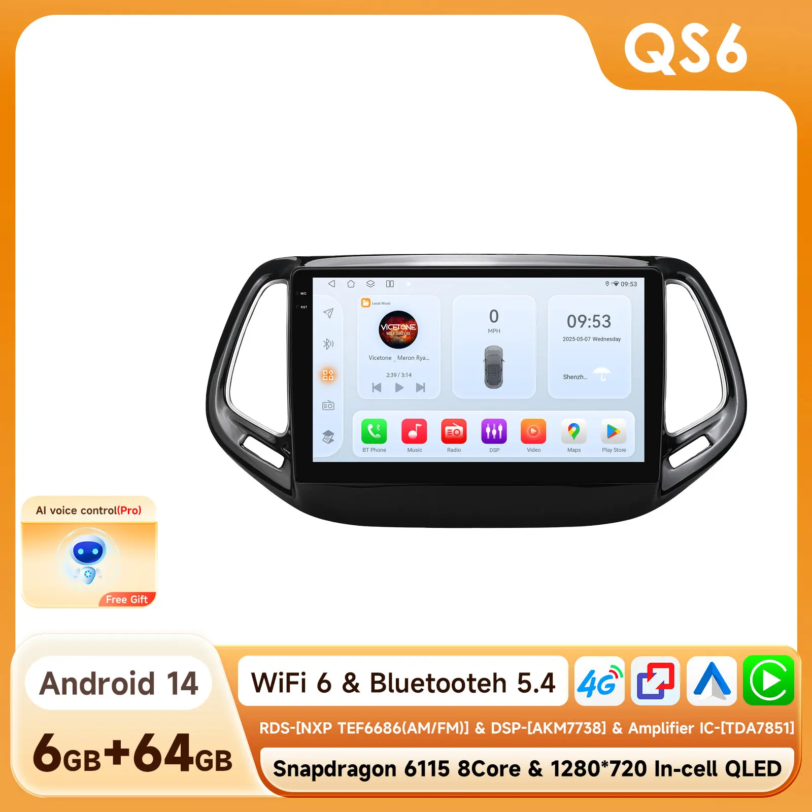 Hizpo Auto Android 14 voor Jeep Compass 2017-2020 Auto Radio Multimedia Speler GPS Navigatie Carplay Stereo 4G BT Geen 2din DVD AI