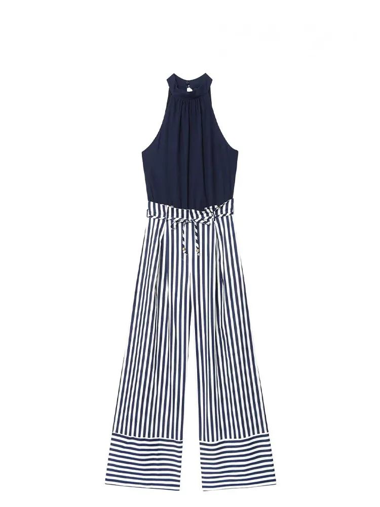 HH Women Autumn Fashion Crew Neck Belt Decoration Striped Jumpsuit Female Pockets Back Hollow Zipper Sleeveless Jumpsuit